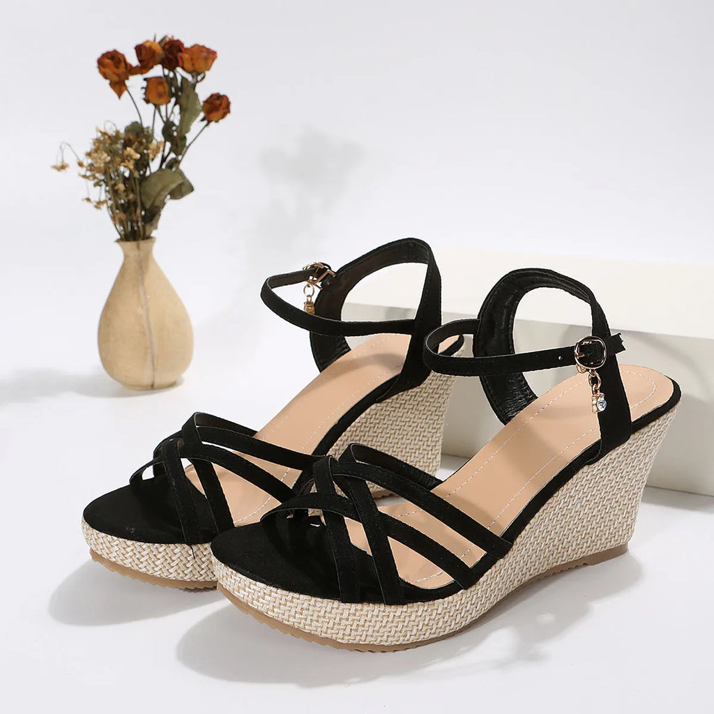 Women's beige wedge sandals with fabric uppers and fish-mouth toe design