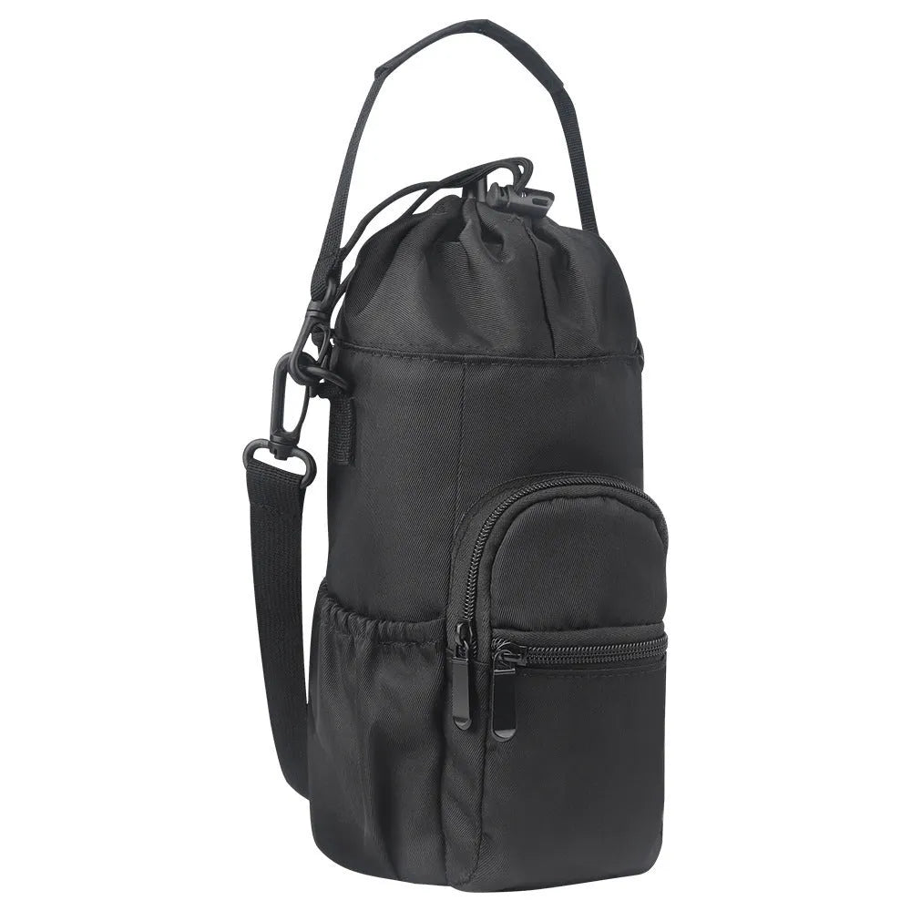 Cloth water bottle pouch with crossbody shoulder strap in black, green or pink colour