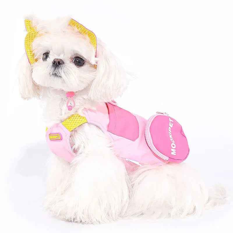 Pink polyester dog vest for small breeds on mannequin showing torso coverage