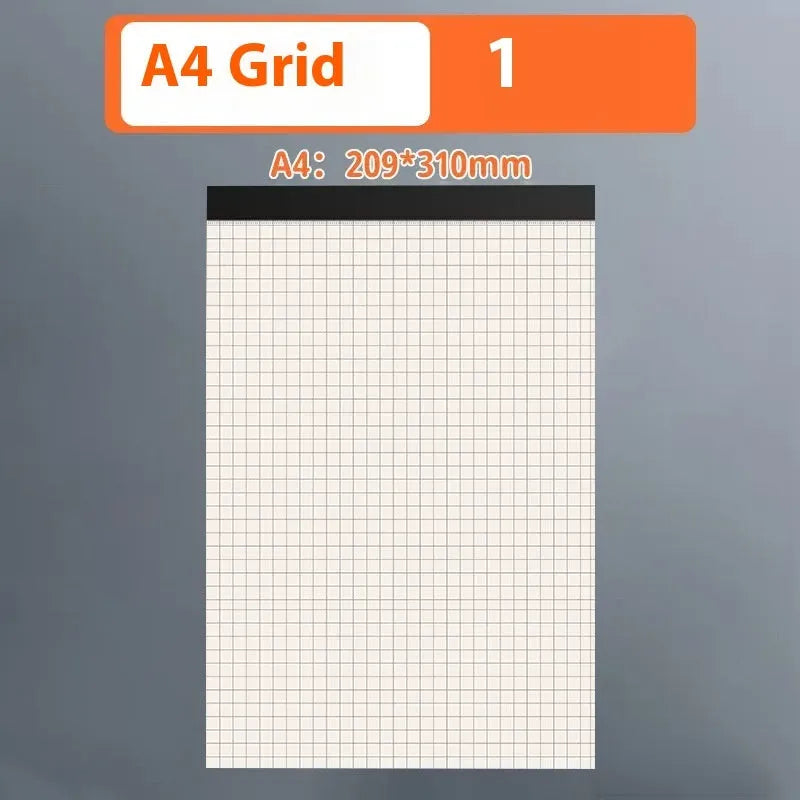 Set of A5, B5, and A4 writing pads showing blank, grid, and horizontal line page styles.