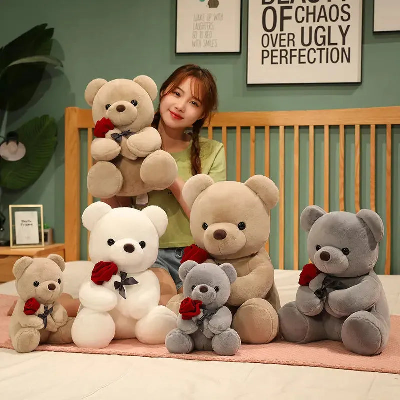 Rose bear teddy plush pillow doll in beige, brown or grey with PP cotton filling