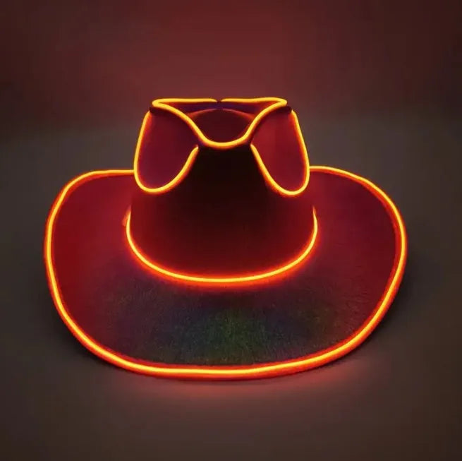 LED wireless fluorescent cowboy flashing hat in green, front view, EVA and EL wire construction, average size