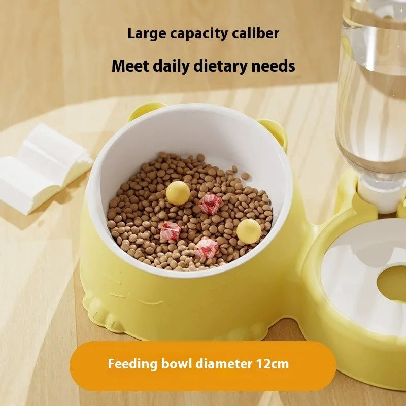 Double bowl automatic drinking pet feeder for cats with stainless steel ceramic reservoir and plastic base in assorted colours.