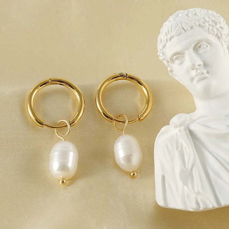 Gold stainless steel geometric earrings with freshwater pearl and titanium posts