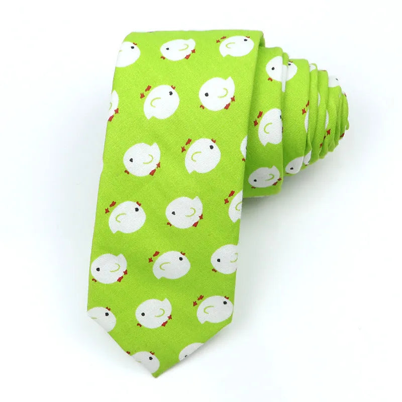 Narrow Korean-style cotton bow tie with a printed cartoon pattern.