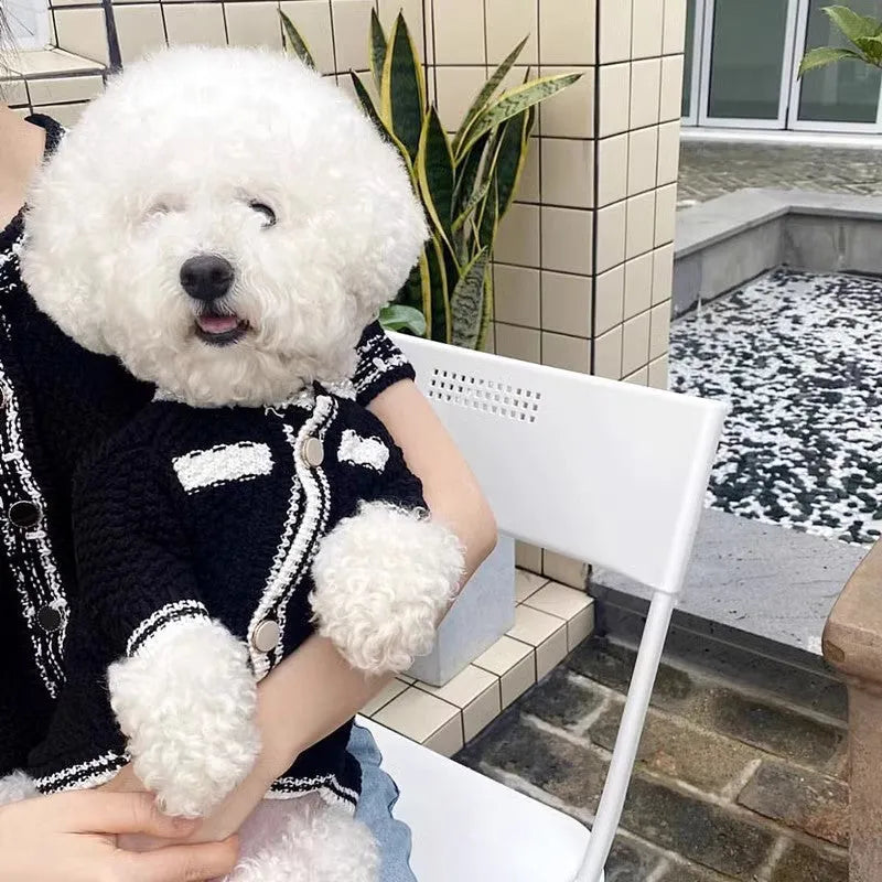 Korean-style dog sweater with pearl collar in black and white colours showing princess cut