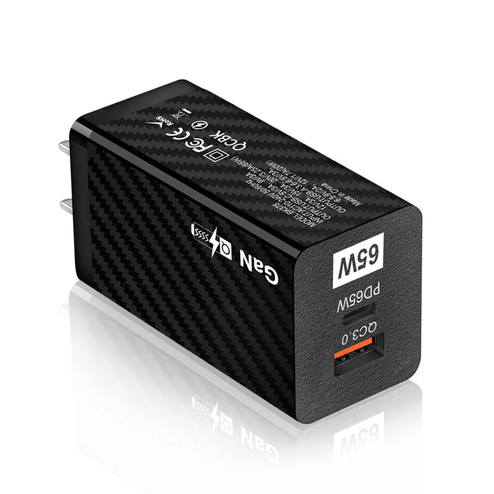 Gallium Nitride GaN 65W laptop charger in black with USB PD port and compact dimensions