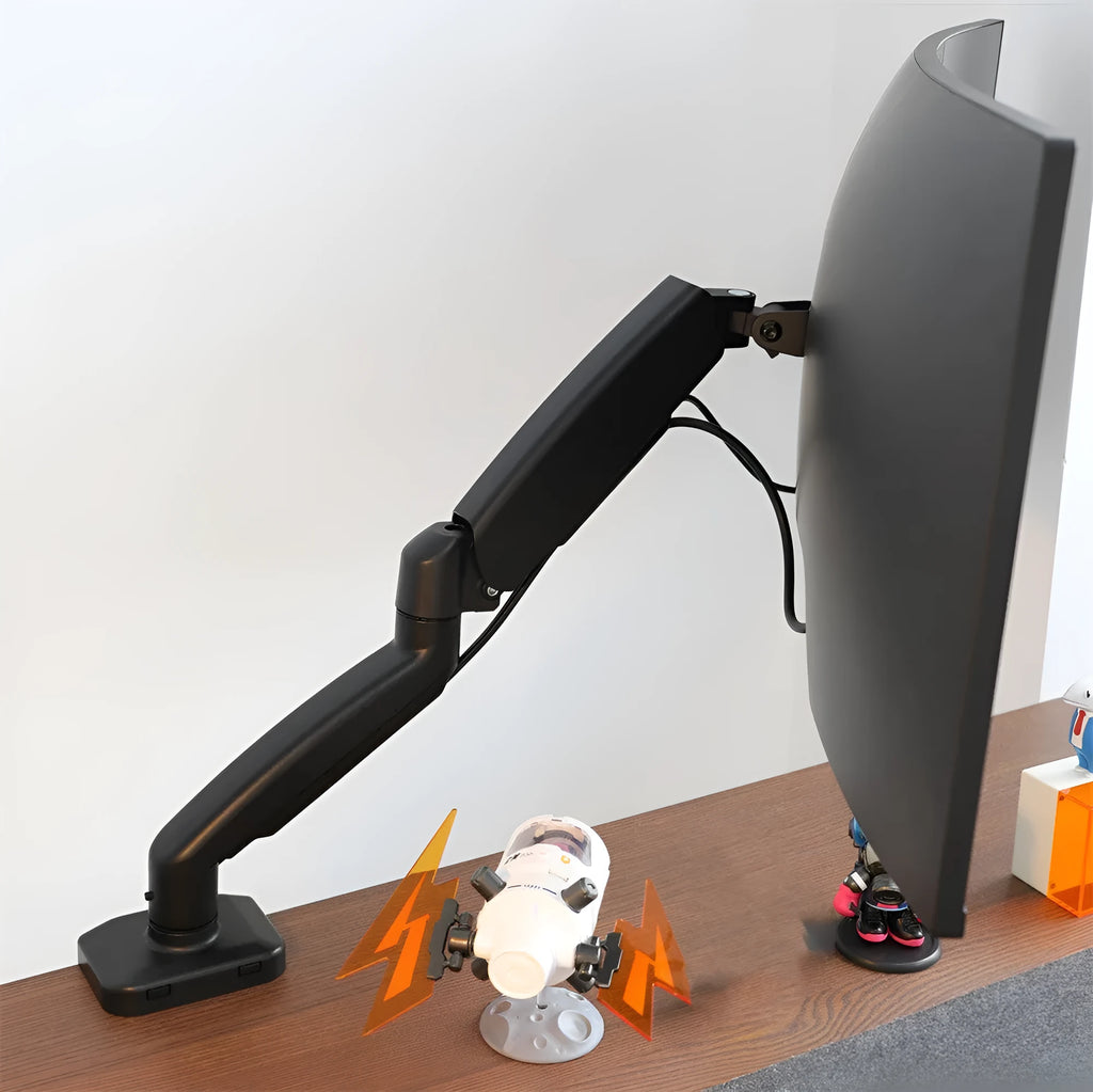 Black rotating telescopic LCD screen bracket showing height adjustment and rotation mechanism
