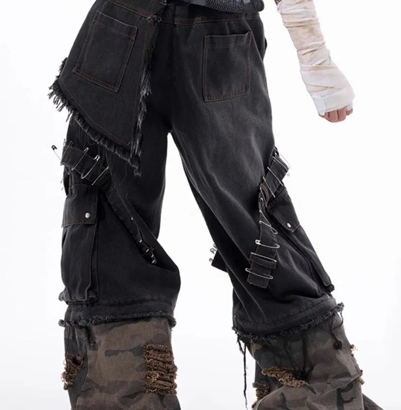 Men's grey jeans with camouflage splicing design and pin ribbon details