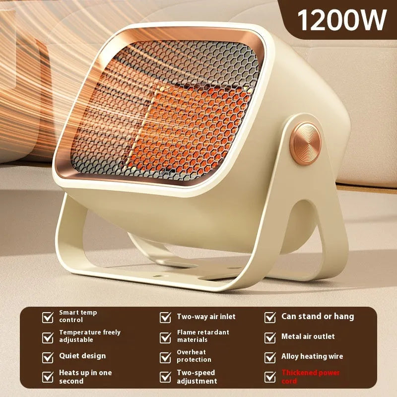 Rotatable white desktop ceramic heater on a wooden table showing control buttons and air outlet.