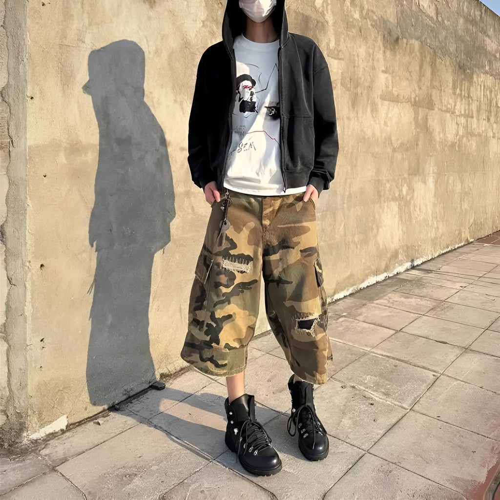 Men's camouflage cropped jeans with retro patches and ripped distressing in straight-leg cut
