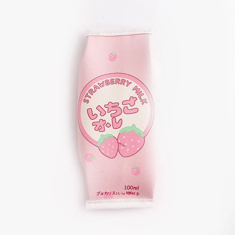 Strawberry milk pencil case in leather with milk carton shape and cartoon strawberry pattern