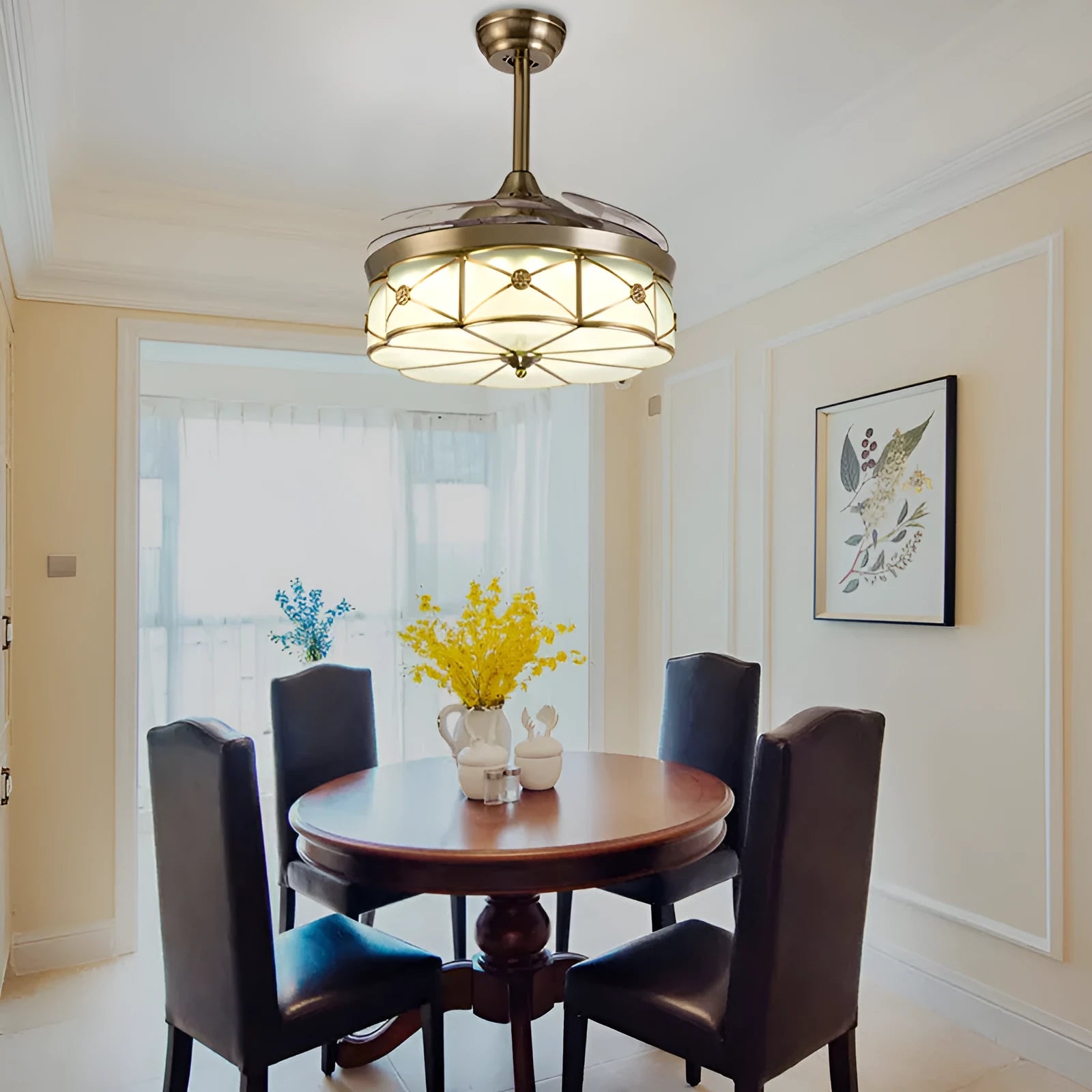 Gold 42-inch ceiling fan light with invisible blades and remote control on a white background.