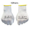 White PU coated work gloves showing textured grip, in sizes M and L, sold in a pack of 10 pairs.