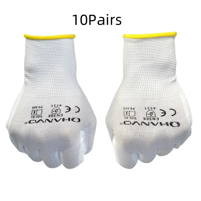 White PU coated work gloves showing textured grip, in sizes M and L, sold in a pack of 10 pairs.