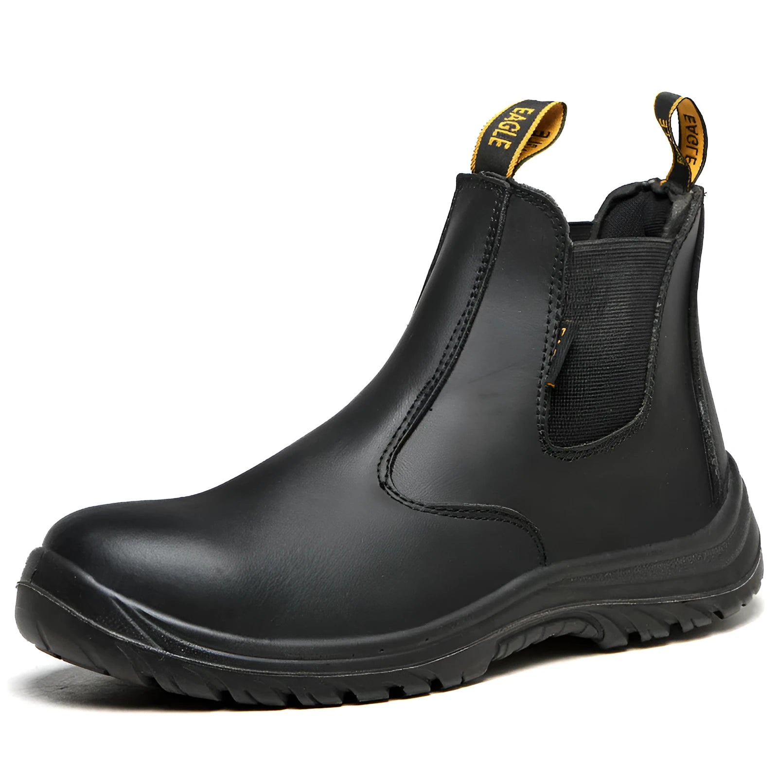 Black leather safety boots with steel toe cap and anti-piercing sole for industrial work