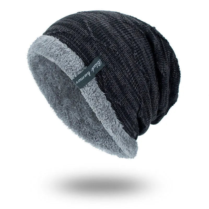 Diagonal hook knitted acrylic beanie in black, showing textured knit pattern