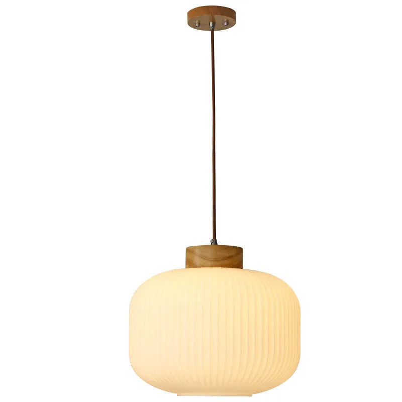 Retro Nordic style wooden pendant ceiling light with visible timber construction.