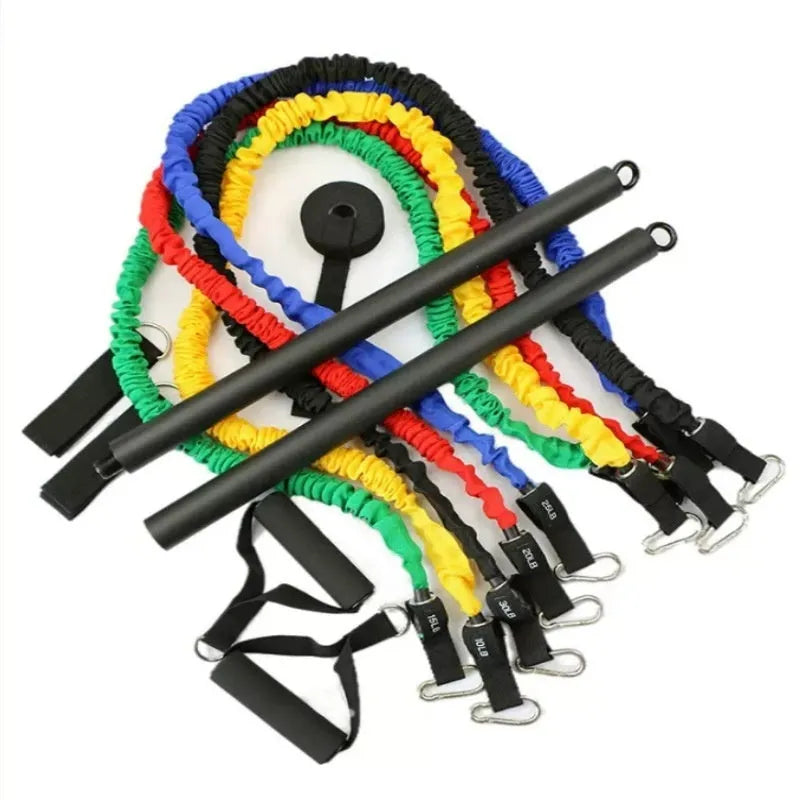Fitness push and pull rod stick with two segments and a rope for resistance training.
