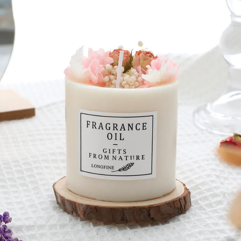 Dried flower decor aromatic candle in choice of scents, 330g, with optional gift box and wooden base.
