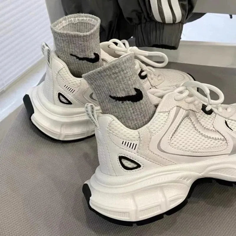 Beige mesh sports shoes with wedge heel and lace-up front in size 35-40