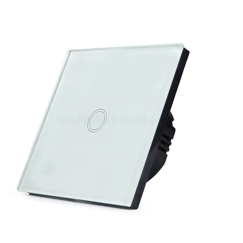 Single control touch light switch with tempered glass panel in black, gold, or white finish