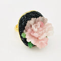 Adjustable peony flower ring for women, alloy with diamond setting, elegant style