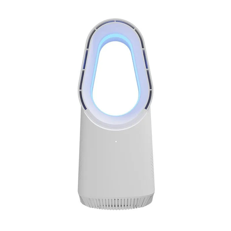 White bladeless tower floor fan with USB port and touch screen controls on a sleek column.