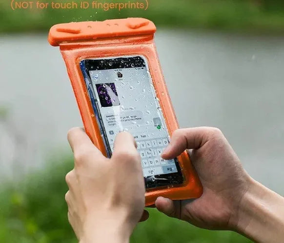 Orange waterproof phone pouch with rope lanyard and double airbag design