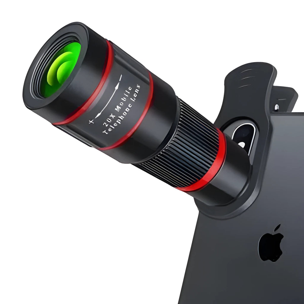 20x magnification smartphone telescope with optical glass lens and universal mounting clip on a mobile phone.