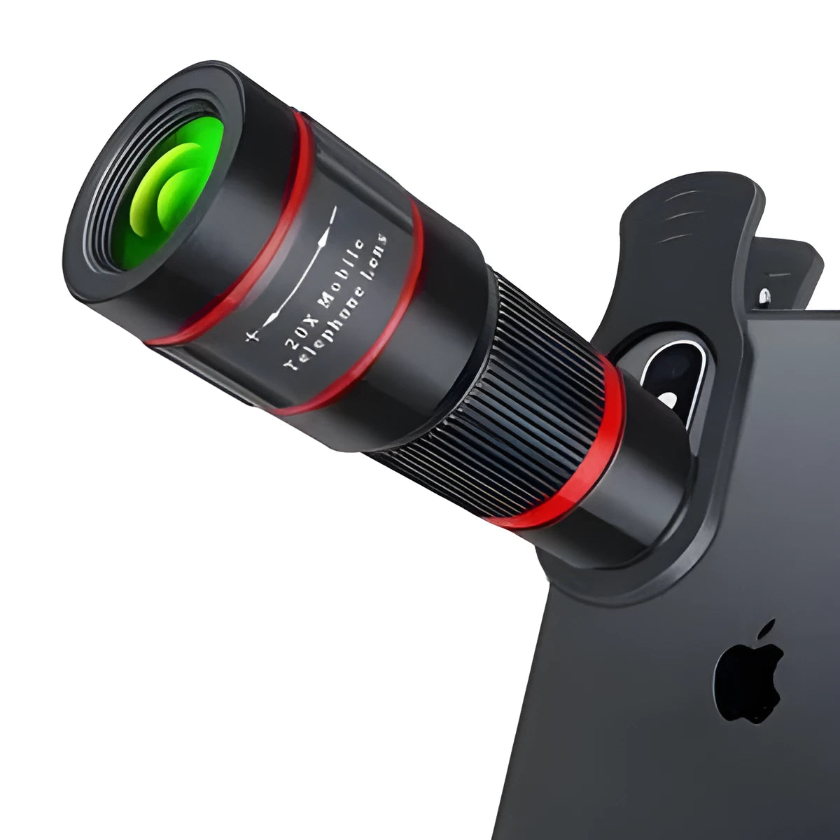 20x magnification smartphone telescope with optical glass lens and universal mounting clip on a mobile phone.