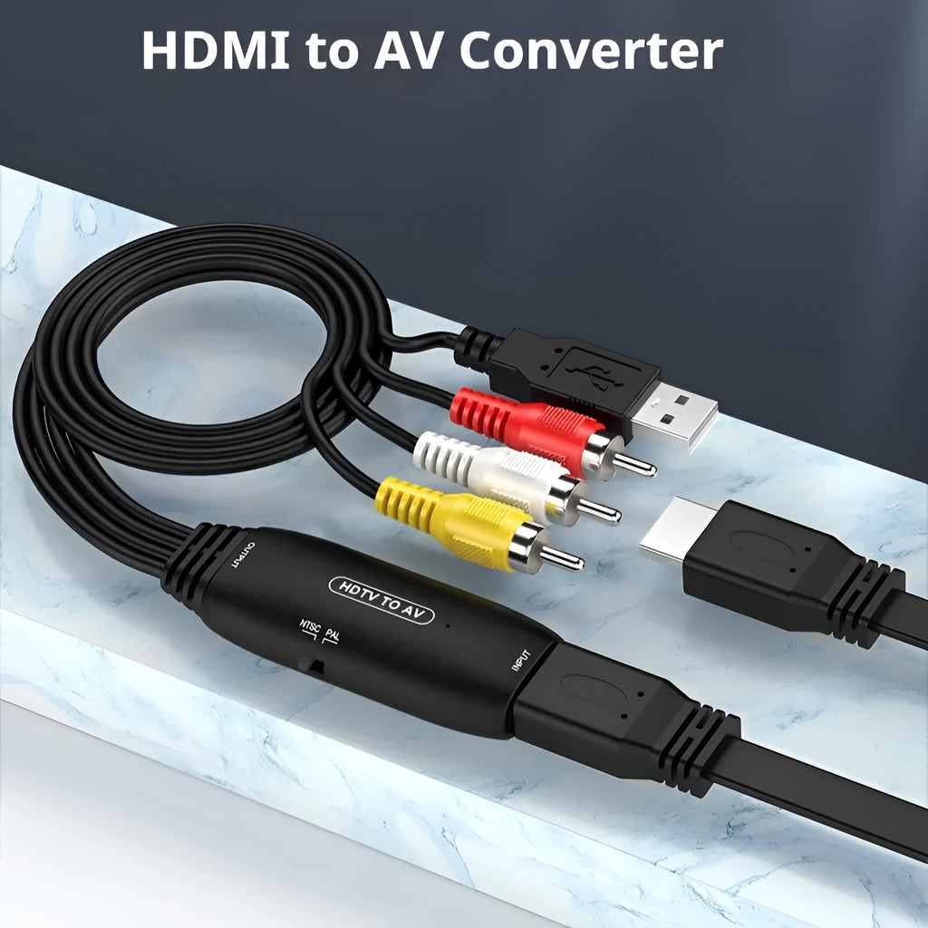 HDMI to AV converter adapter with 110cm cable showing RCA cable and two-terminal connector options