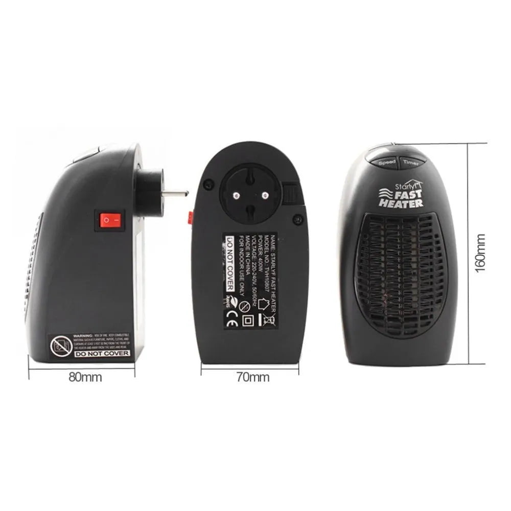 Black compact ceramic electric heater with digital display and rotating plug on a flat surface.