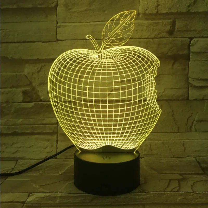 3D fruit shaped colourful LED night light with touch control on wooden surface