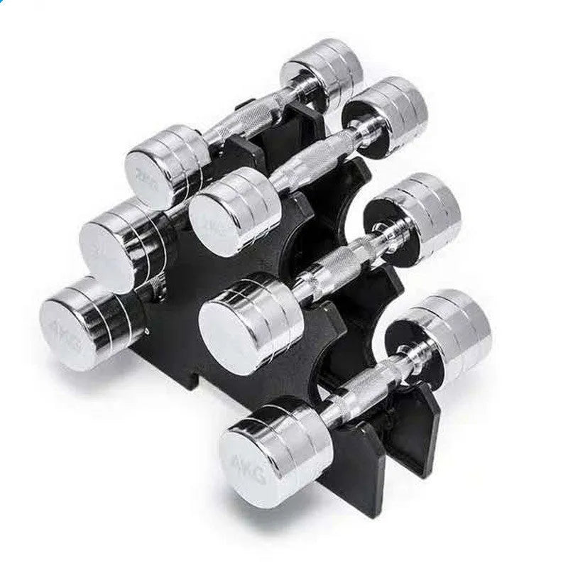 Silver pure steel electroplated dumbbell with ergonomic grip on a grey background.