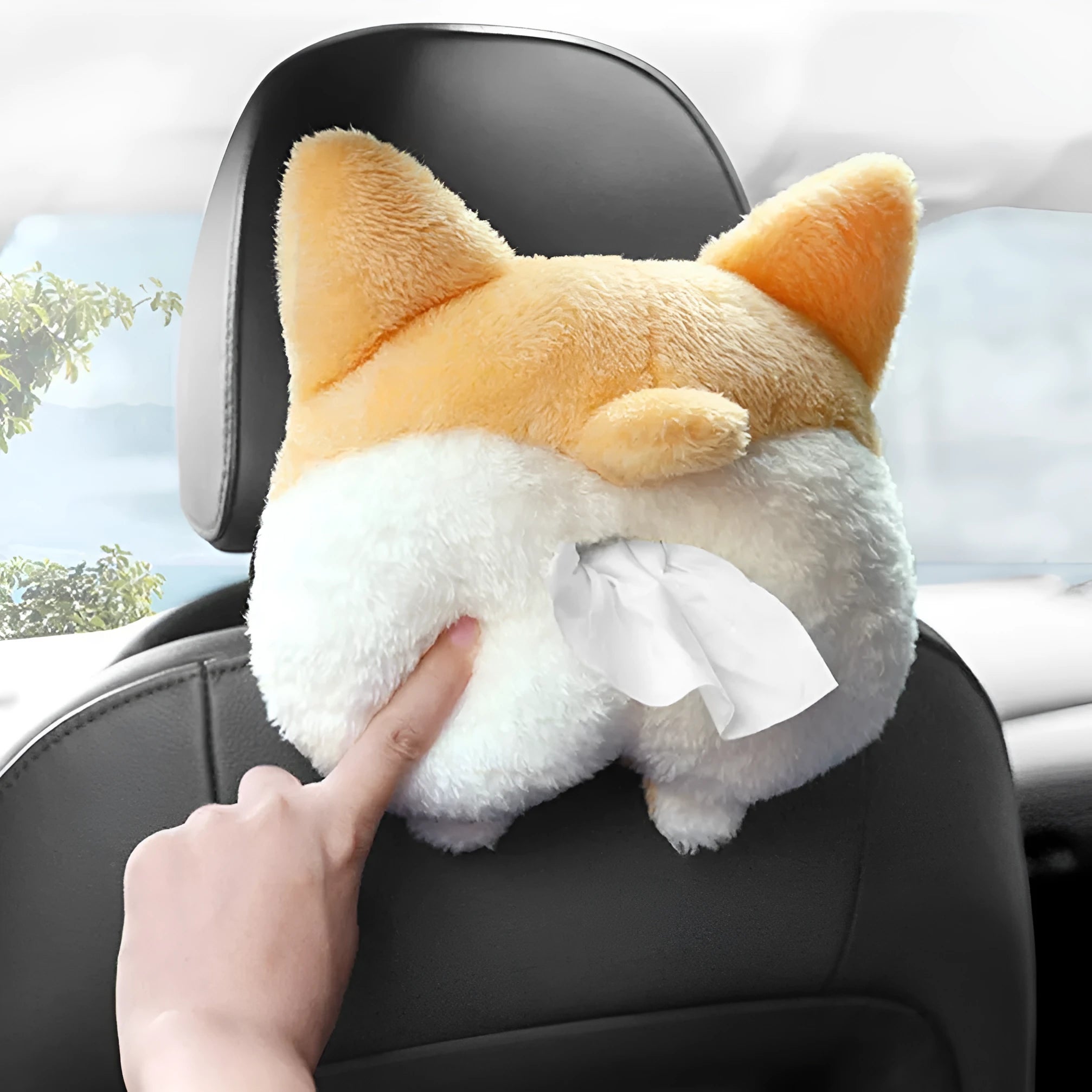 Yellow corgi butt shaped fabric pouch for holding a tissue box, shown with elastic strap for hanging.