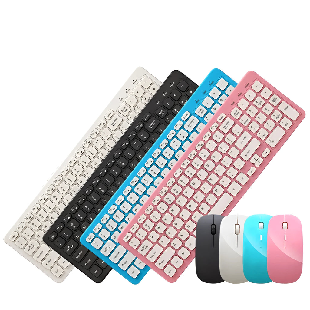 Wireless keyboard and mouse set in choice of colours on a desk, showing USB receiver.