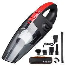 Black portable rechargeable car vacuum cleaner with 120W motor and 2200mAh lithium battery on a white surface