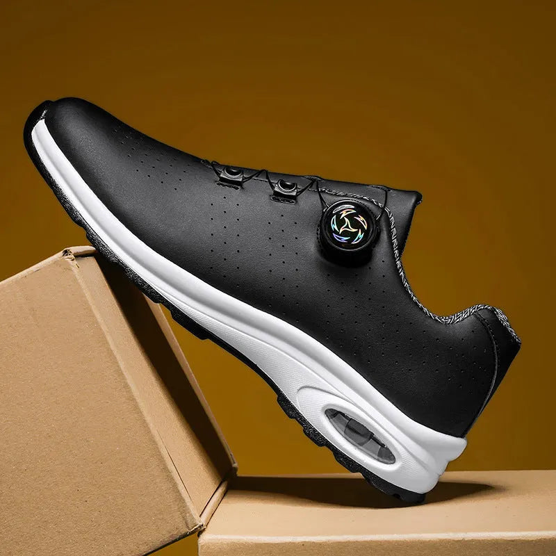 Men's black and white low-top mesh casual tennis shoes with cross straps and lace-up front