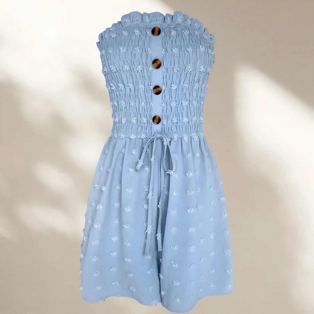 Women's solid colour off-shoulder sleeveless jumpsuit in polyester fabric on a hanger.