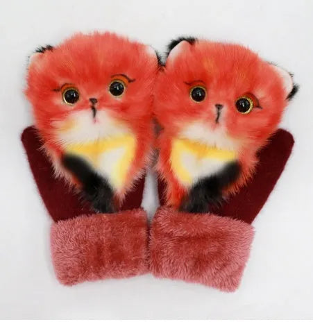 Cartoon animal autumn winter warm mittens 28cm red one size