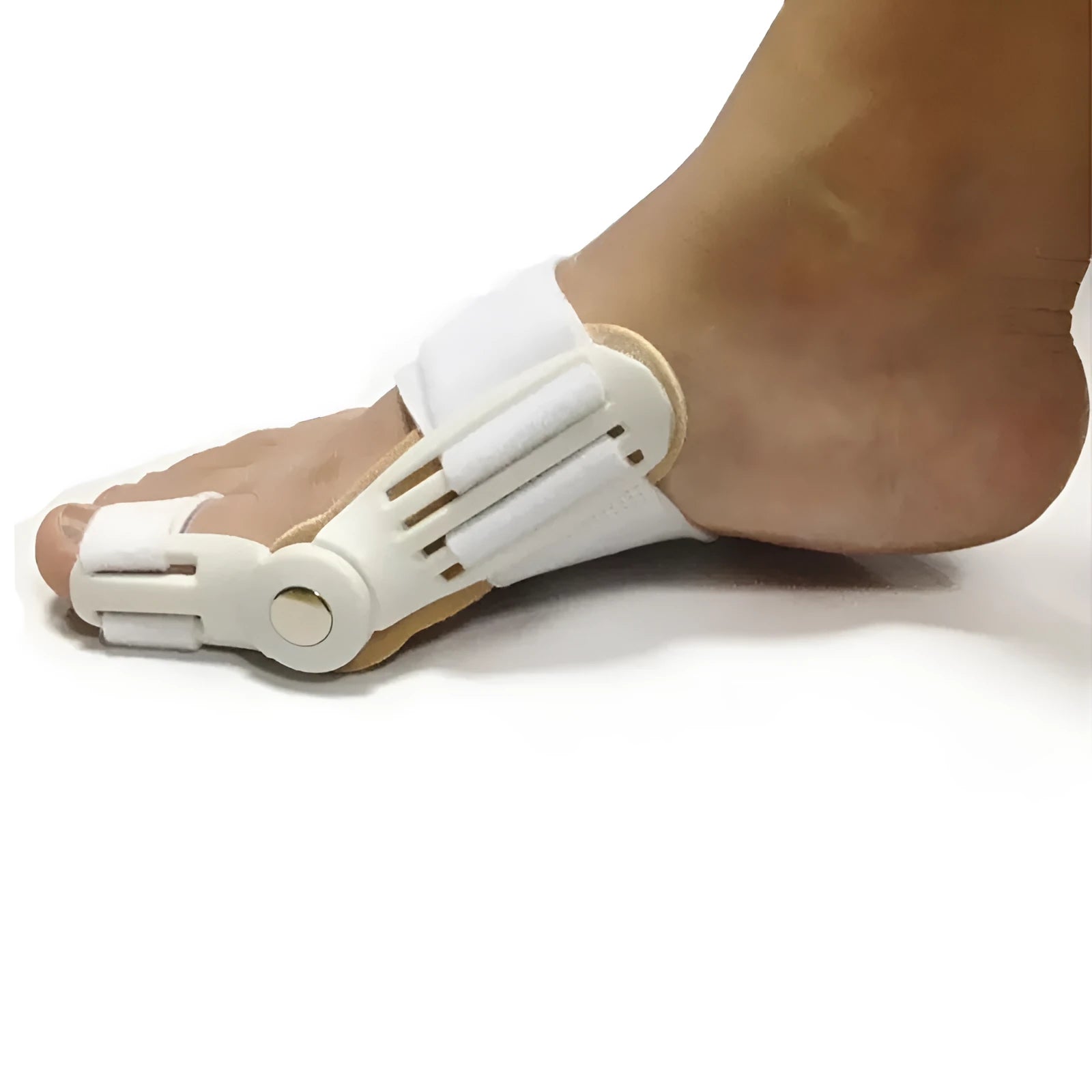 Blue Hallux Valgus Corrector adjustable splint with antibacterial velvet lining on a white background.