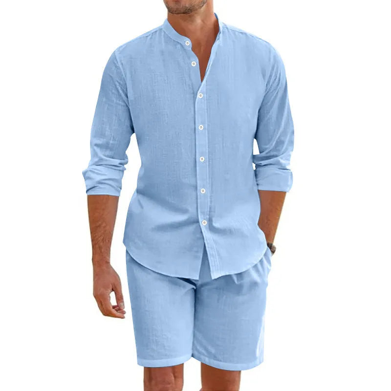 Men's linen blend summer suit set showing short sleeve lapel shirt with matching drawstring shorts in dark grey colour