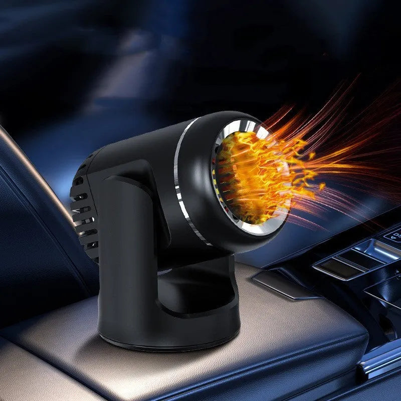 Black and white 12V car heater with defrost function measuring 14x12x8cm