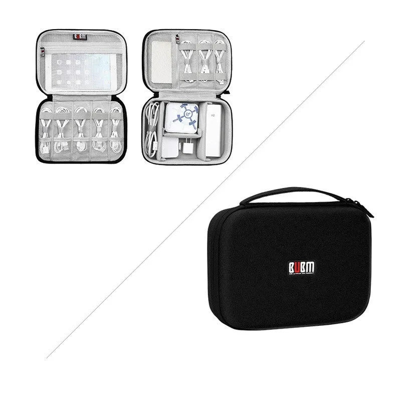 Black and grey EVA digital storage bag for organising headphones, cables, and small electronics.