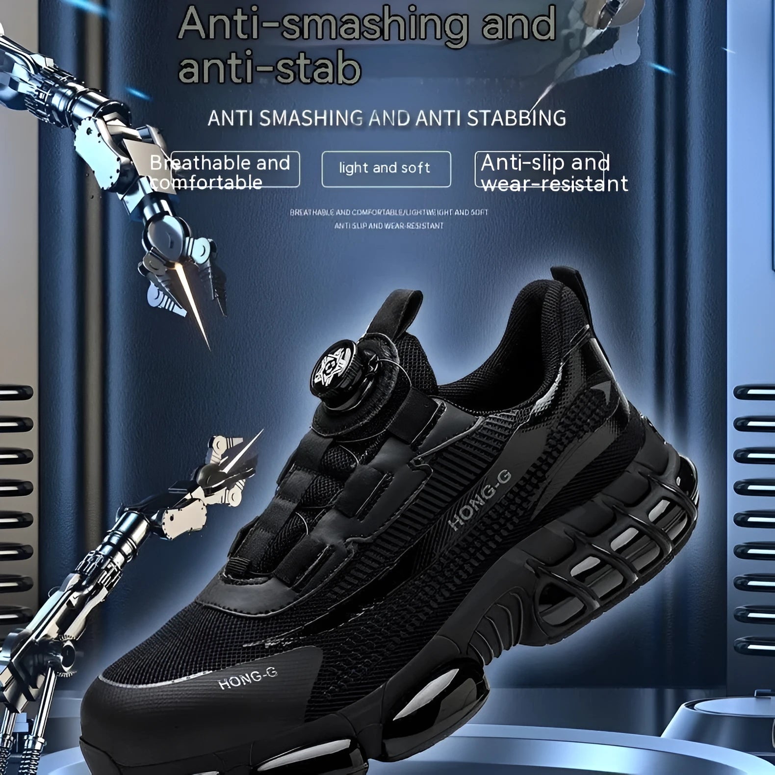 Lightweight black safety work shoes with steel toe caps and breathable upper material
