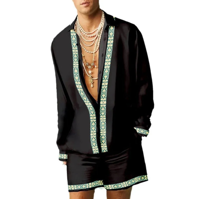 Casual summer loose shirt and shorts set with colour matching pattern and long sleeves in polyester fabric