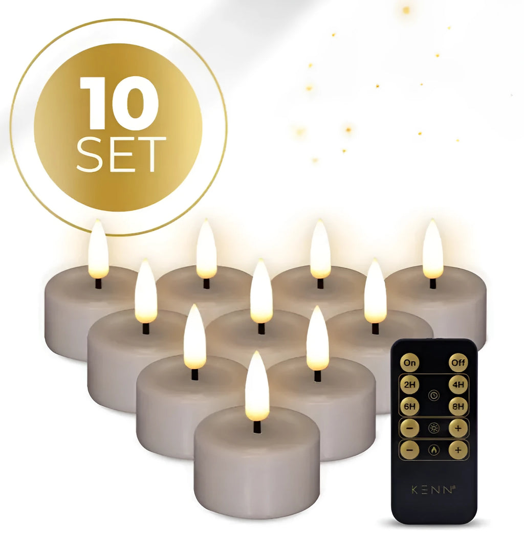 S10 3D flame LED tealight candles in taupe colour showing dimensions