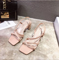 Women's thick heel Roman sandals in apricot colour showing open back and side design