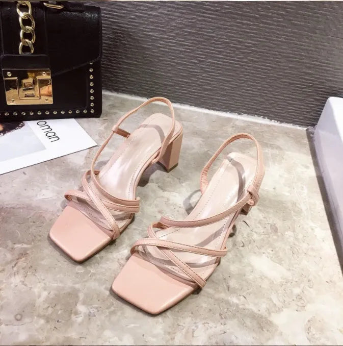 Women's thick heel Roman sandals in apricot colour showing open back and side design